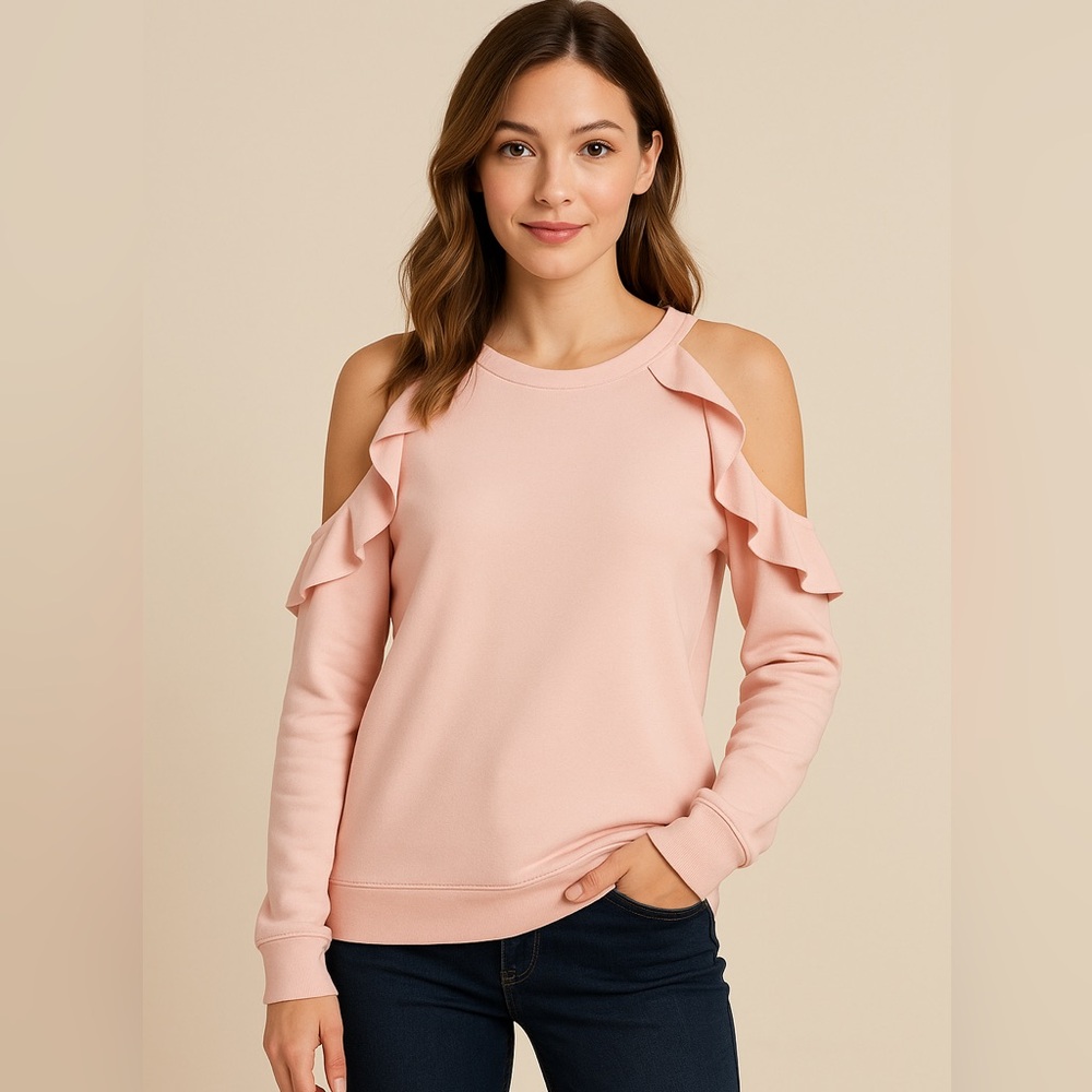 Fashion Nova Women’s Pink Cold Shoulder Ruffle Sweatshirt Size Large